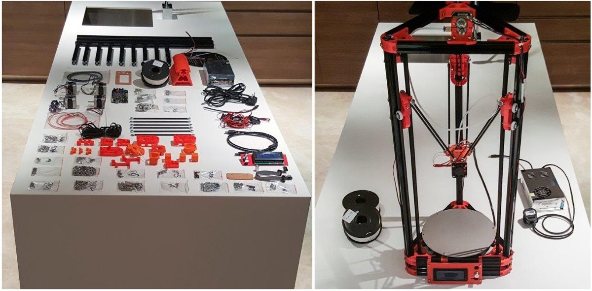 FLSUN Kossel Delta 3D printer, before and after assembly