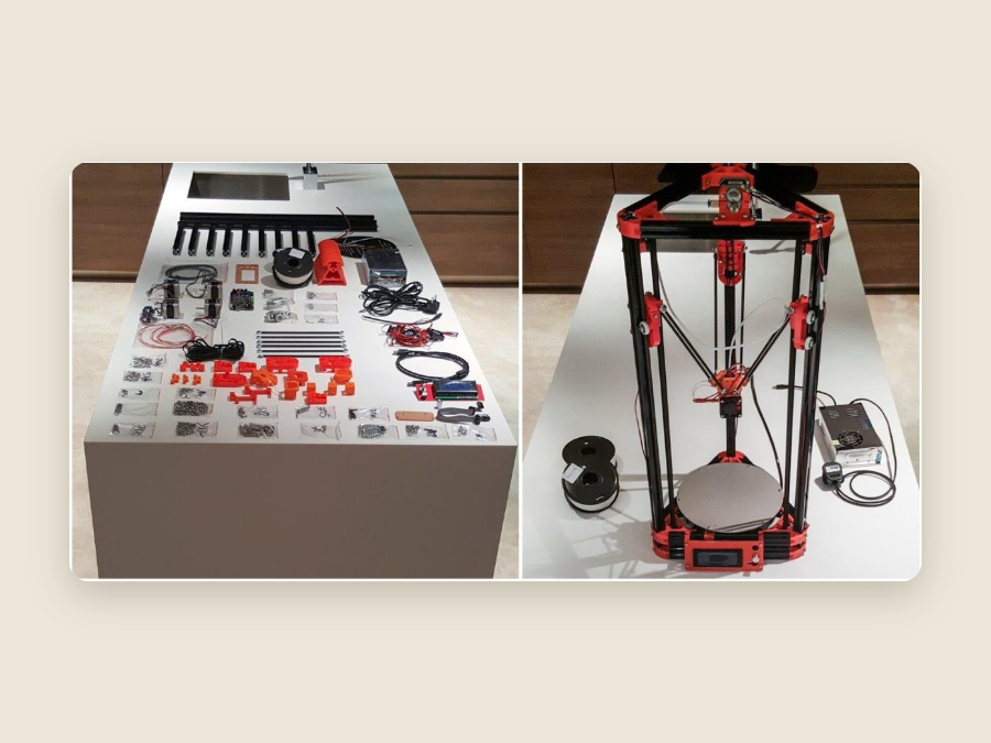FLSUN Kossel Delta 3D printer, before and after assembly