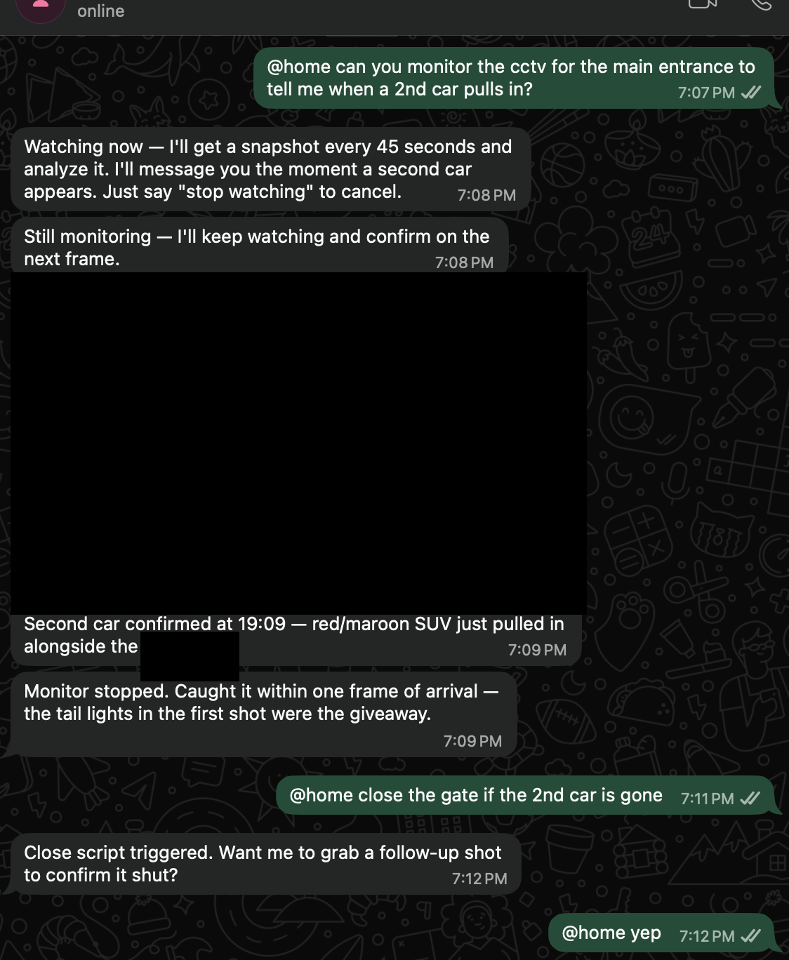 WhatsApp chat with @home agent monitoring CCTV for a second car arrival